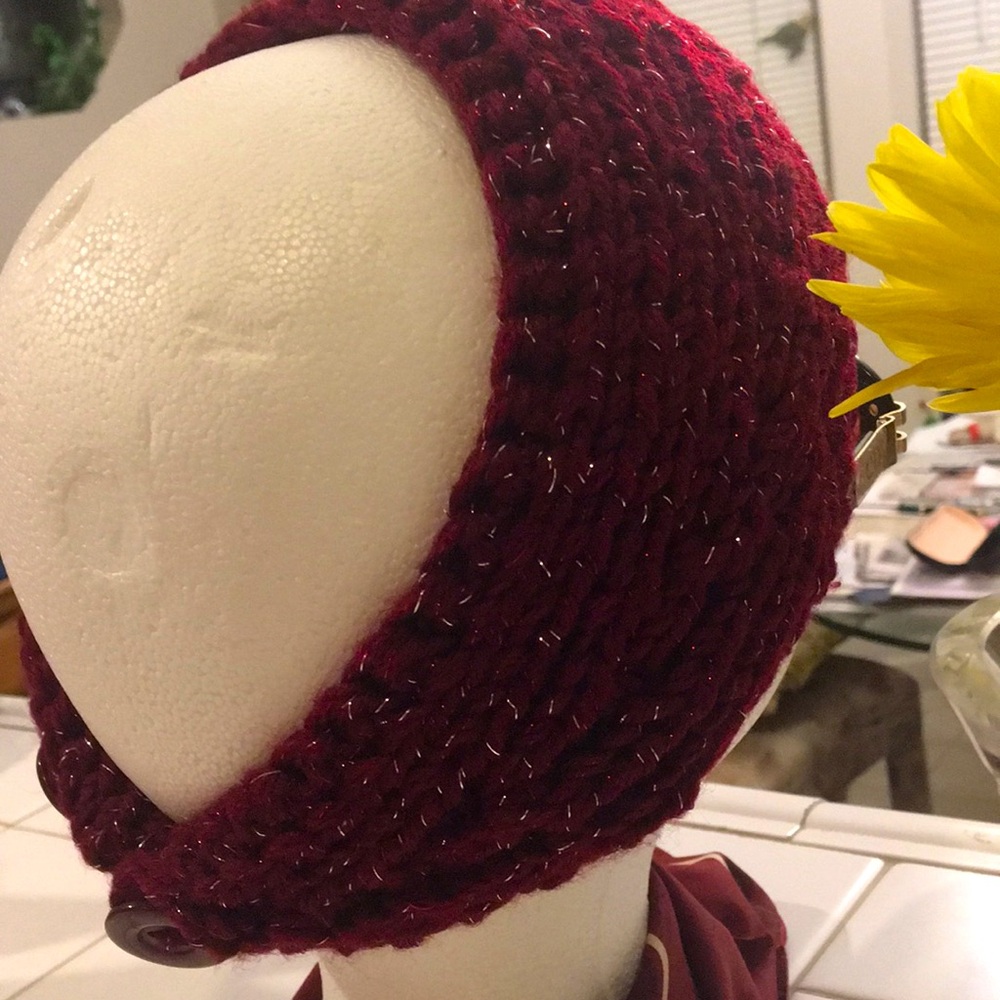 Burgundy Metallic Knit Wide Headband/Hat with Feather & Beaded Accent - Picture 4 of 10
